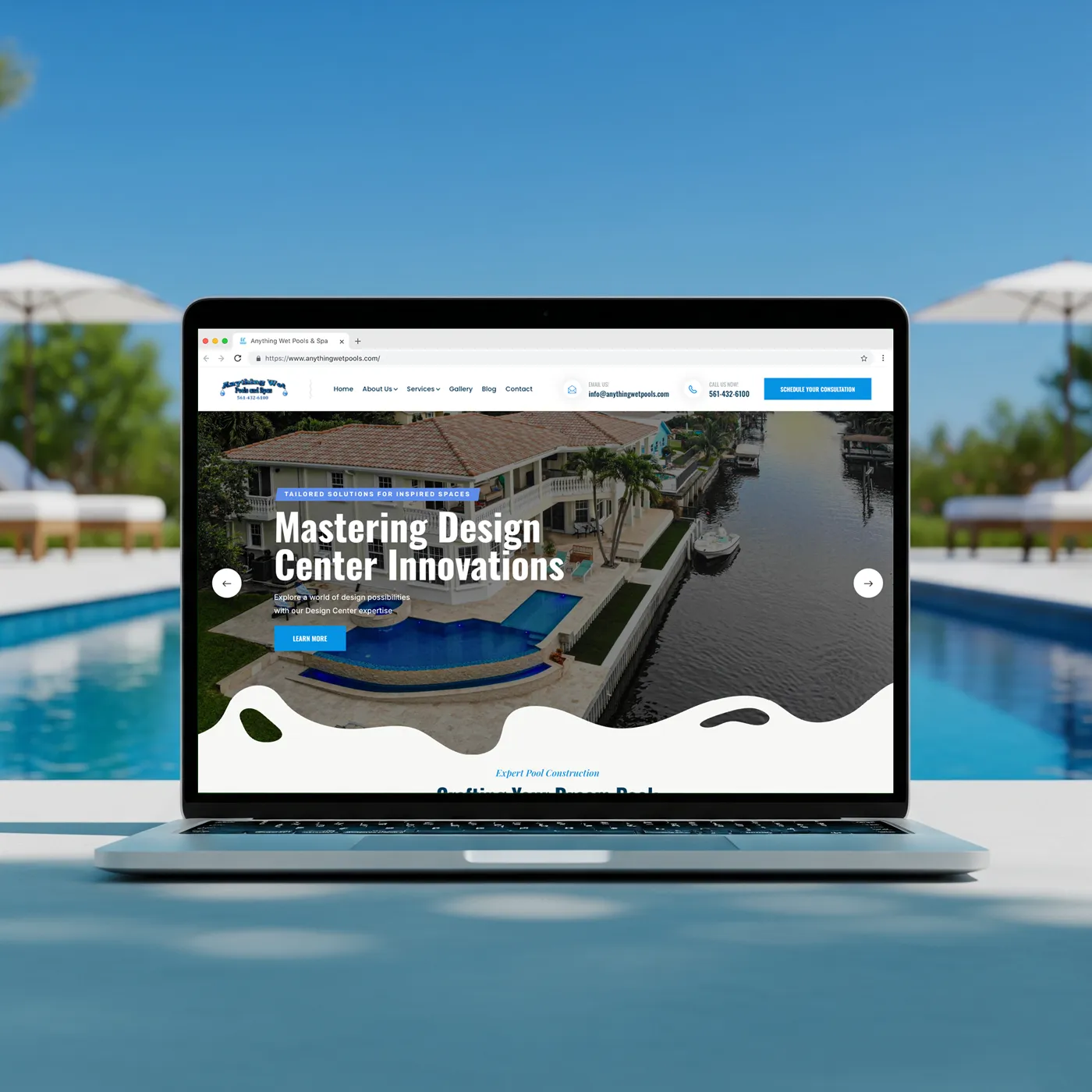 Website da Anything Wet Pools & Spa - Projeto de Web Design e UX/UI por Igor Veronesi - Construtora de piscinas na Flórida, EUA.