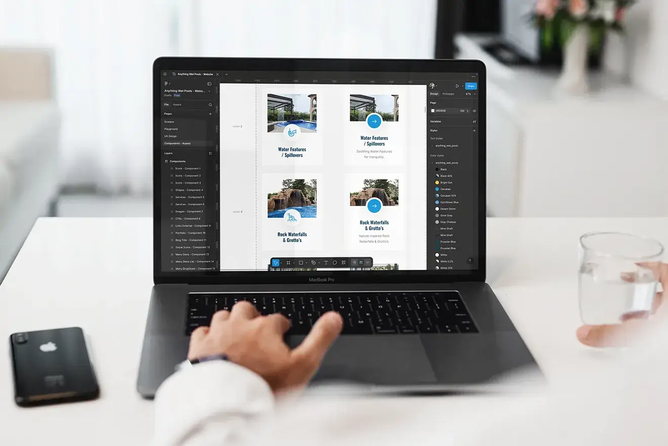 Organização de componentes do website Anything Wet Pools & Spa no Figma, pronta para handoff.