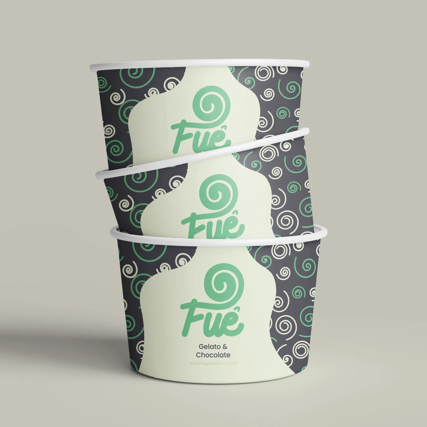 Mockup da Nova Identidade Visual Fuê Gelato & Chocolate - Rebranding e Criação de Logo pelo designer Igor Veronesi - Penedo, Itatiaia, RJ.